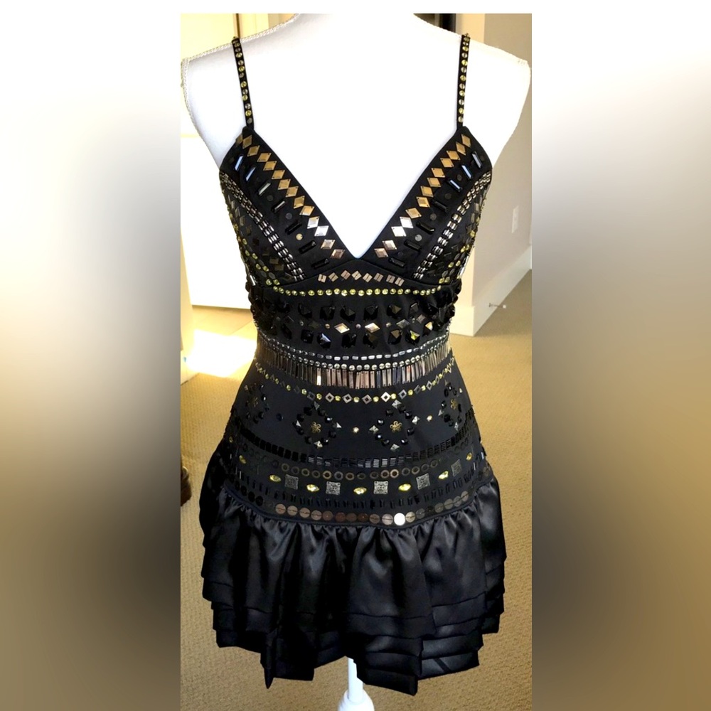 Vintage Bebe Black and Gold Mini Dress